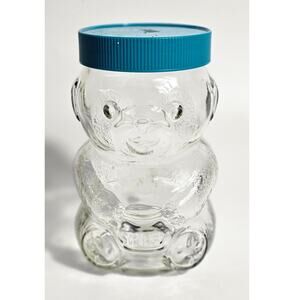 Vintage 1990s Collectible Skippy Glass Bear Jar Teal Lid